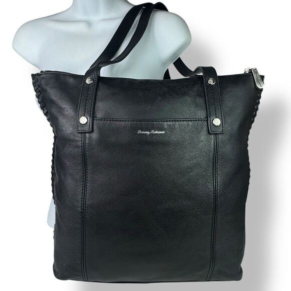 Tommy Bahama Black Leather Tote Shoulder Bag Moto Biker Top Zip Whipstitch - Picture 2 of 12